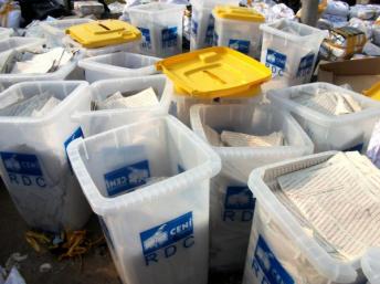 Ballot boxes at the Fikin International compilation centre in Kinshasa